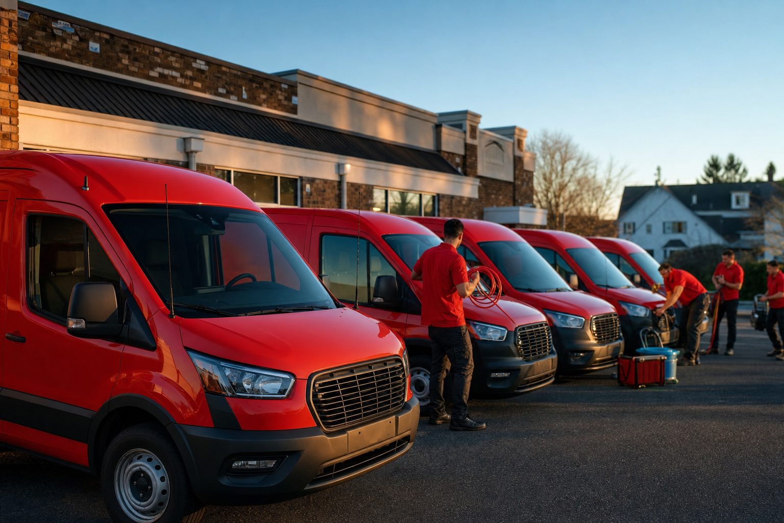 A line of four red Zimick Bros. Cleaning Service vans parked outside a commercial brick building in Englewood, NJ at sunrise with crew loading equipment